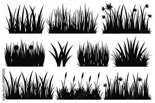 set of grass line art silhouette vector illustration