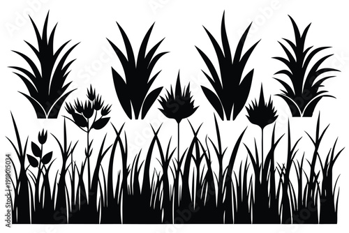 set of grass line art silhouette vector illustration