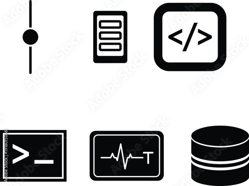 black and white computer programming icons for web development and coding isolated on white background
