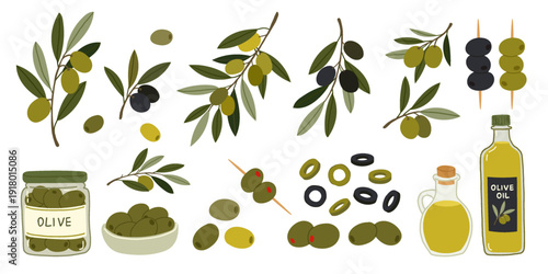 Mediterranean olive set with leafy branches, glass bottle of extra virgin oil, jarred fruits, sliced rounds for salad, and cocktail picks. Vector fresh organic food collection in flat style