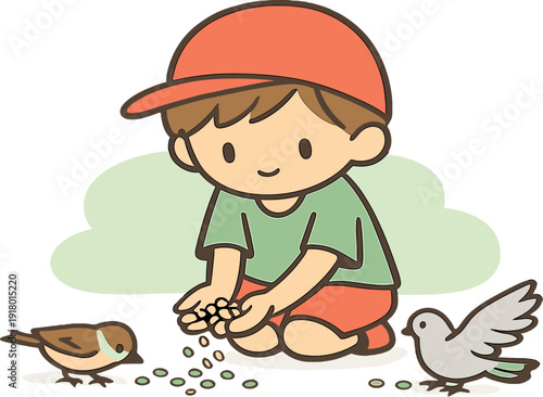 Gentle child feeds birds in a park, knees bent as grain spills from palms and wings flutter low to ground | child birds park,