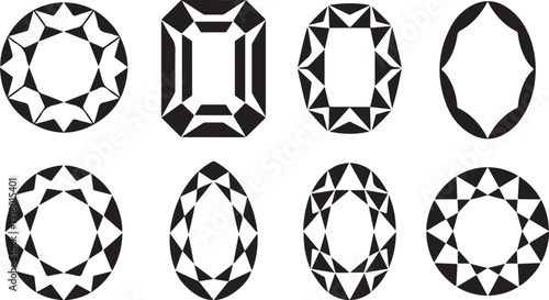 Eight black and white gemstone silhouettes with geometric facets