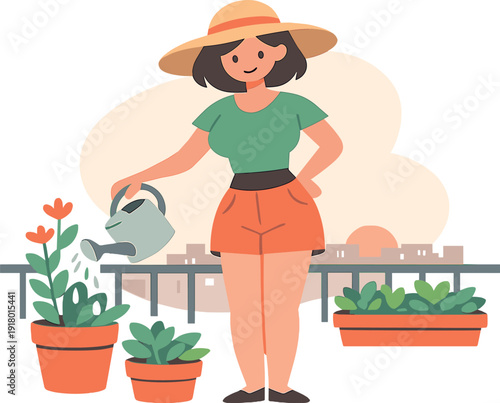 Sunny person waters plants on a balcony garden, can tilted gently, leaves drip, city sky beyond railings at dusk light soft glows