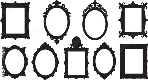 Eight black ornate vintage frames in various shapes