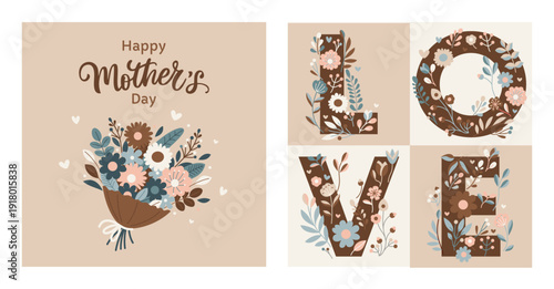 A bouquet of flowers for mom. Sweet illustration for Mother's Day. 
Cute hand drawn vector for card, poster or background.