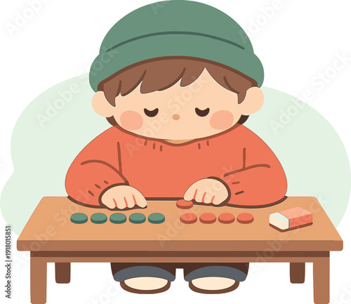 Cozy child learns simple math at a desk, arranging counters into rows, eraser nearby, quiet concentration shown. | simple math,