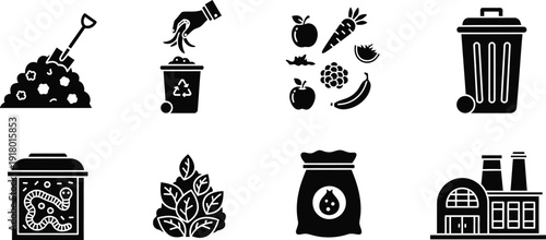 Icon collection of waste management and recycling symbols for eco friendly practices and sustainable living