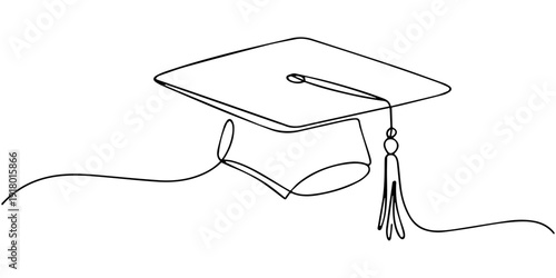 graduation cap continuous one line drawing, Continuous line drawing of a graduation cap and diploma.one line illustration symbolizing academic achievement, education, commencement, success, and a mile