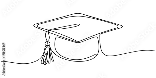 graduation cap continuous one line drawing, Continuous line drawing of a graduation cap and diploma.one line illustration symbolizing academic achievement, education, commencement, success, and a mile