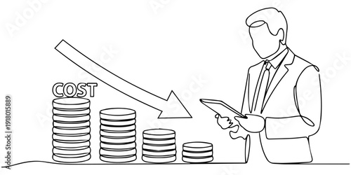 Cost reduction concept. Businesswoman pointing down arrow of the graph with cost reduction business finance .Business, technology, cost management .Continuous one line drawing.