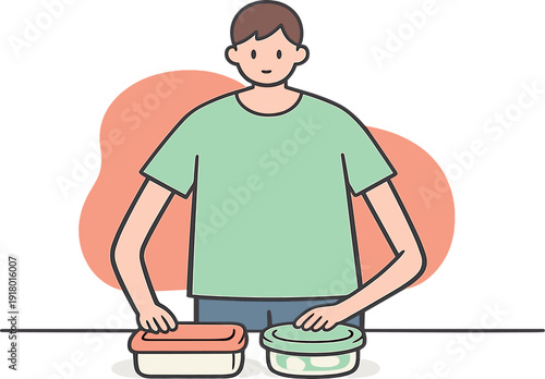Light person places food containers on a table, aligning lids and boxes neatly while hands pause and space stays clear nearby now