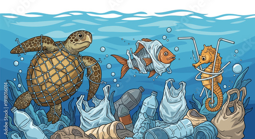 Underwater scene with marine life amidst plastic pollution and waste.