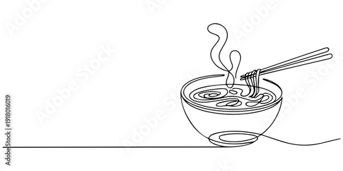 Bowl of ramen with chopsticks, black and white continuous line art, minimal style Cup of hot ramen continuous one line drawing