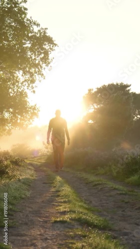 man walking on the road at sunset