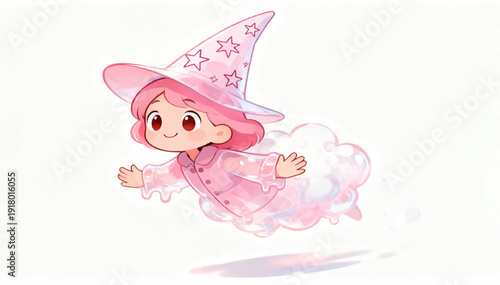Vector illustration of a little flying pink wizard-babai, based on my son's imagination.