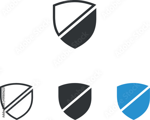 Brand Shield Trio. Corporate presence scenario featuring a brand emblem shaped as a shield-like badge with simple internal
