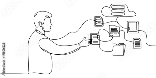 Databases, Man searching and managing files online continuous one line drawing document databases. Record keeping database technology File Access, Document Sharing, document management 