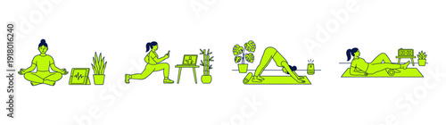 Flat Vector Wellness and Home Fitness Illustration Set for Holistic Lifestyle Digital Content