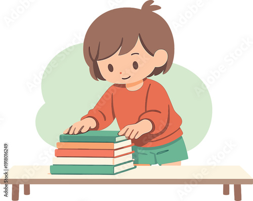 Focused Book Organizing. Warm child places books in order on a table, covers stacked by height, fingers nudging edges straight