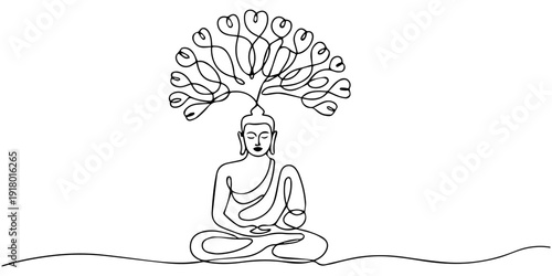 continuous one line drawing depiction of a serene Buddha meditating under a bodhi tree