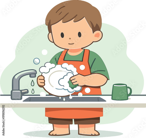 Fresh child helps wash dishes at a sink, holding a plate while soap bubbles gather and water drips softly below. | washing dishes