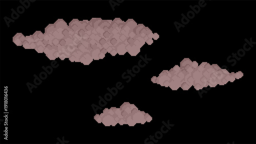 Pixel art cloud set with dark atmospheric clouds on black background. Game ready assets for fantasy scenes, digital design, motion graphics and side scrolling environments.