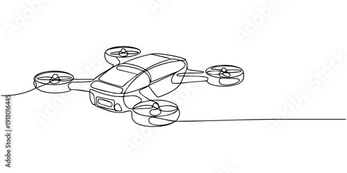 Continuous one line drawing of flying drone design. Drone aircraft in single line draw illustration. Editable stroke.