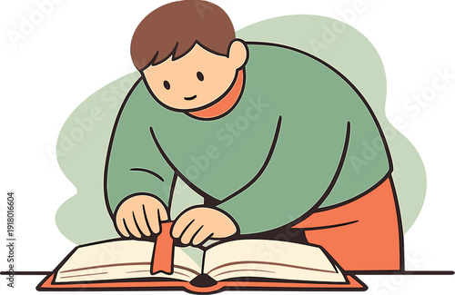 Calm Bookmark Placement. Calm person leans forward setting a bookmark straight as the book lies open flat on a table. | placing