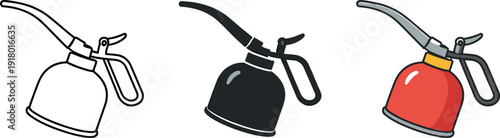 Servicing process conveyed through a compact oil can with spout and rounded body tilted slightly forward, same shape displayed