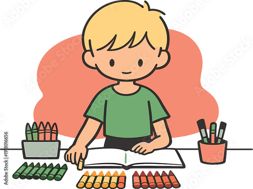 Sunny child prepares art supplies at a table, crayons sorted by color, sketchbook open, calm focus in posture. | art supplies,