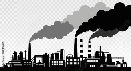 Industrial factory landscape with pollution and smoke emissions.