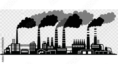 Industrial factory landscape with smokestacks and pollution.