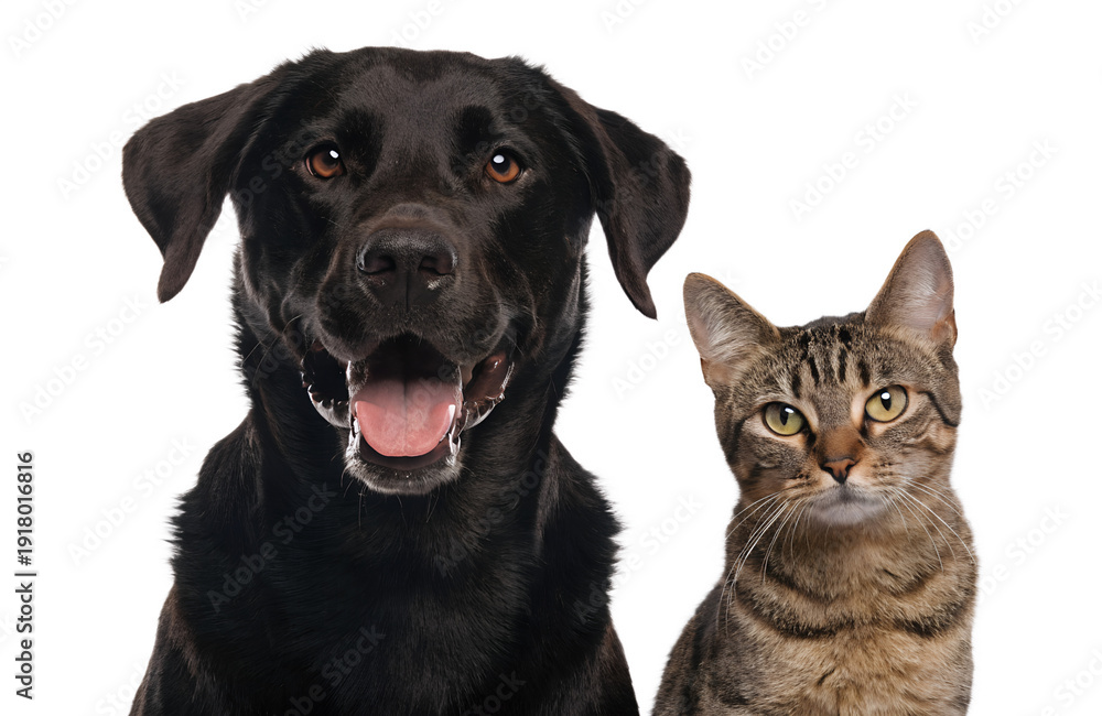 Fototapeta premium Close Portrait of Happy Golden Retriever and Tabby Cat on White Background
