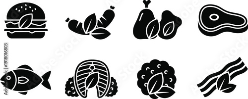 Icon collection of various food items including meat and seafood