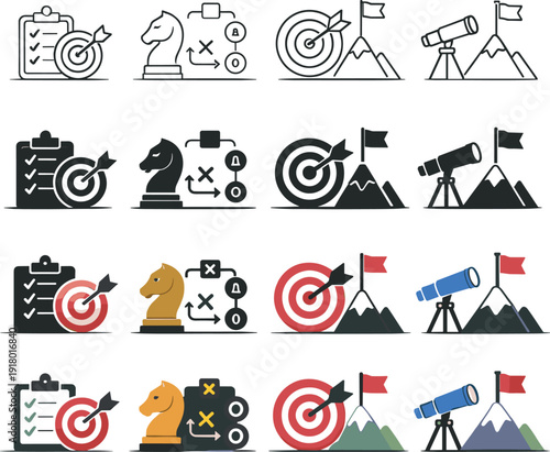 Icon object one, icon object two, icon object three, and icon object four representing success planning and strategic goal