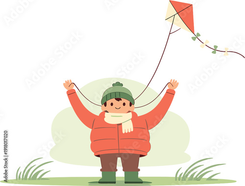 Warm child flies a kite in an open field, arms raised as wind pulls the string and grass bends softly nearby today calm sky wide!