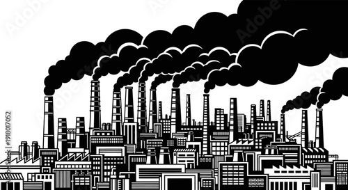 Industrial landscape with factories emitting pollution and smoke.