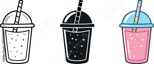Set of three stylized drinks in takeaway cups with straws, line art, silhouette, and color illustration