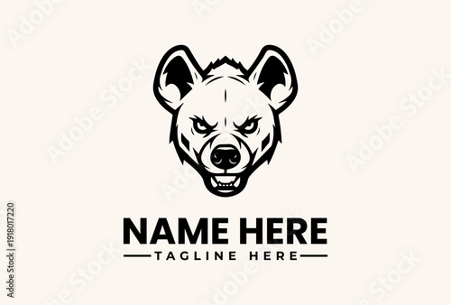 Bild auf Leinwand A black and white illustration of a hyena's head with a logo template and text placeholder on a beige background, featuring a vector-style pictogram and icon design
