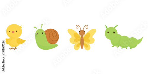 Chick, Snail, Butterfly and Caterpillar Set. Spring Critters Clipart Collection. Cute Garden Baby Animals