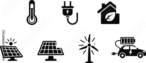 Eco friendly icon collection including solar wind and energy efficient home and car symbols