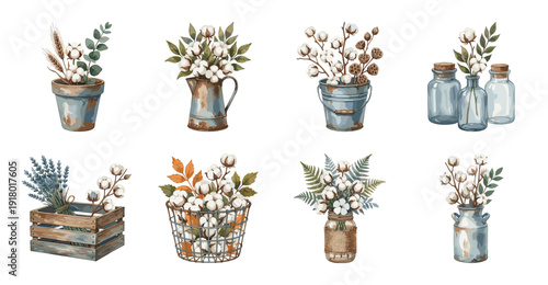 Rustic Cotton Flower Arrangement Set, Vintage Botanical Illustrations