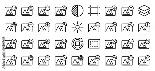 Photo editing and gallery management line icon set. Vector pictograms of crop, brightness, layers, download, upload, zoom, location, share, and cloud storage symbols.