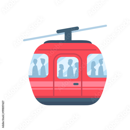 Red Ski Lift Gondola with Passengers Vector Illustration on Isolated White Background