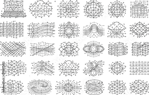 Line vector icons of a network of millions of invisible points forming a giant computer: micro-node dots, distributed-grid tiles,