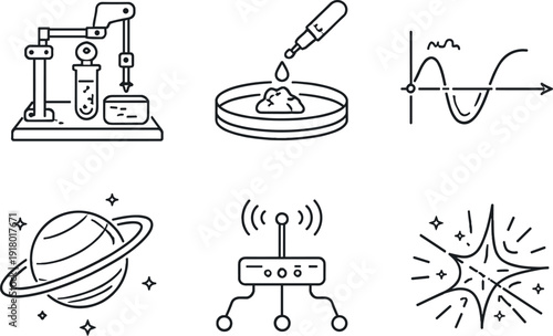 Line vector icons of a physical experiment conducted under conditions of another planet (non-terrestrial conditions): lab tool,