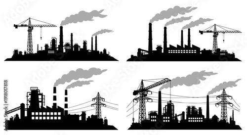 Industrial landscapes with cranes and smokestacks.