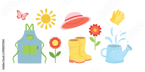 Garden Clothing Set, Apron, Boots, Hat, Gloves. Gardener Outfit Pack, Practical Clothes for Outdoor Work. Watering can, flowers