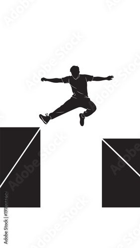 Dynamic parkour leap between concrete obstacles with a person in midair.