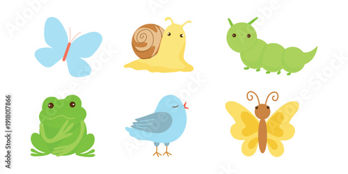 Cute Garden Animals Set, Frog, Bird, Snail, Caterpillar, Butterfly. Playful Pond and Garden Creatures, Kids’ Clipart Pack